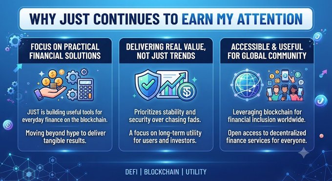 The image is an infographic titled "Why JUST Continues to Earn My Attention," highlighting three key points about the JUST DeFi/blockchain project: its focus on practical financial solutions, its emphasis on delivering real value rather than following trends, and its mission to make decentralized finance accessible to a global community through financial inclusion. The tags at the bottom read "DEFI | BLOCKCHAIN | UTILITY," reinforcing the post's message about JUST's commitment to building useful, everyday financial tools on the blockchain rather than chasing fleeting trends.