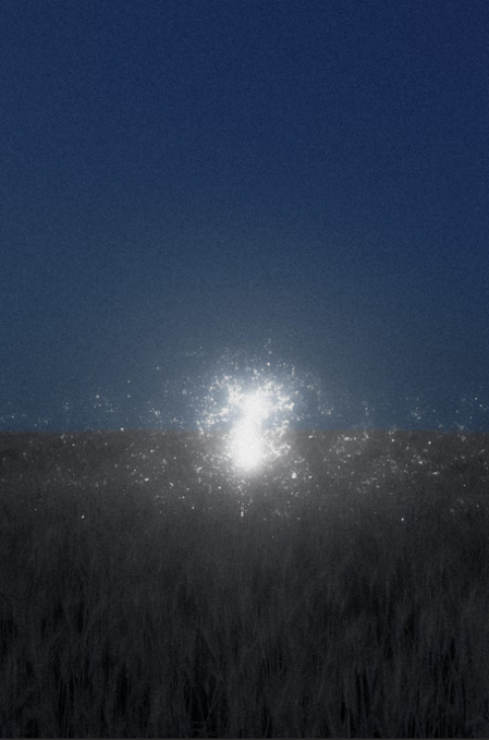 A serene nightscape featuring a bright, glowing light source—possibly the moon—reflecting over a dark, rippling body of water under a deep blue sky.
