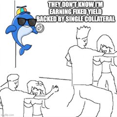 A meme image with the text 'THEY DON'T KNOW I'M EARNING FIXED YIELD BACKED BY SINGLE COLLATERAL' showing a cartoon shark in sunglasses about to strike, based on the 'They're Coming to Get Me' template.