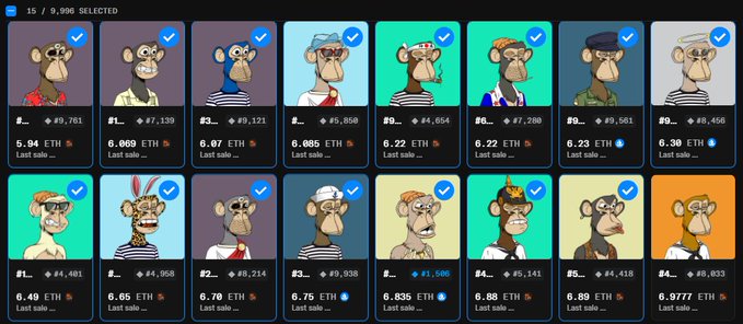 A digital NFT marketplace displays a collection of 9,906 Bored Ape-style cartoon monkey NFTs with various attributes and prices in ETH.