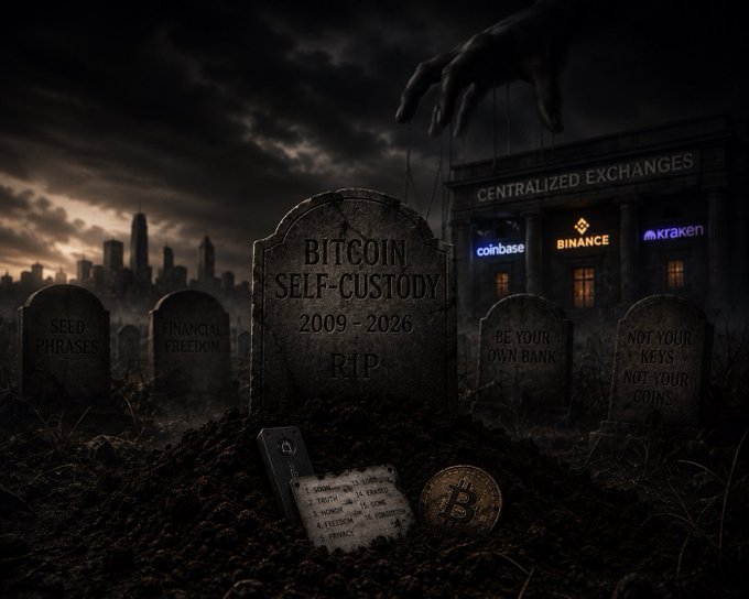 A dark, somber scene depicts a graveyard of Bitcoin self-custody, with a central tombstone reading "BITCOIN SELF-CUSTODY 2009-2026 R.I.P." surrounded by smaller graves labeled "SEED PHRASES," "FINANCIAL FREEDOM," "BE YOUR OWN BANK," and "NOT YOUR KEYS NOT YOUR COINS," while a looming hand operates a "CENTRALIZED EXCHANGES" puppet theater displaying Coinbase, Binance, and Kraken logos. The image visually supports the post's thesis that Bitcoin's foundational ethos of self-sovereignty is being undermined by the dominance of centralized exchanges, marking a transformative and potentially irrevocable shift in the cryptocurrency's identity.