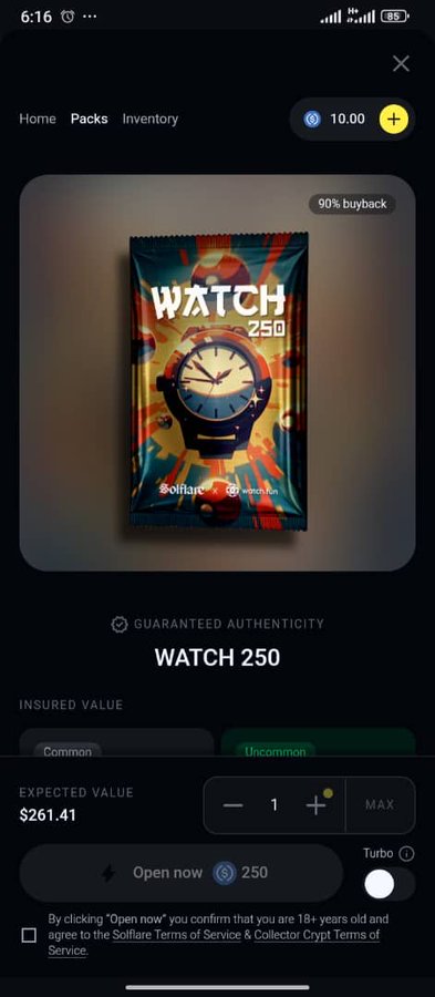 Mobile app screenshot showing a digital collectible pack called 'WATCH 250' by Solflare with an expected value of $261.41 and a cost of 250 to open.
