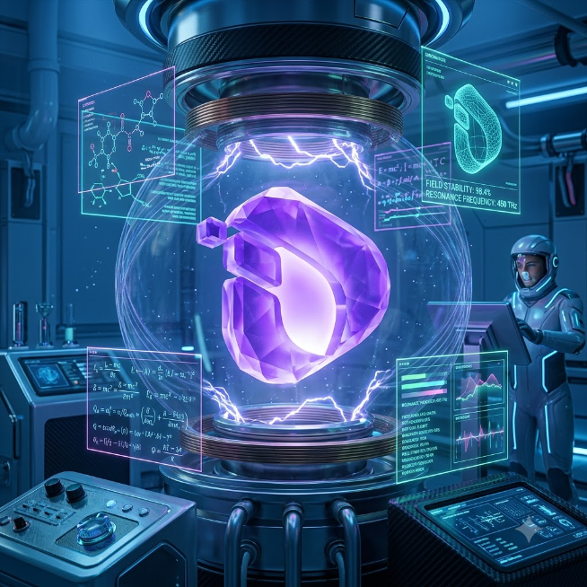 A futuristic sci-fi laboratory scene featuring a glowing purple crystalline object suspended in a containment field with electric arcs, surrounded by holographic displays showing chemistry diagrams, equations, and a 'FIELD STABILITY' readout, while an astronaut monitors from the side.