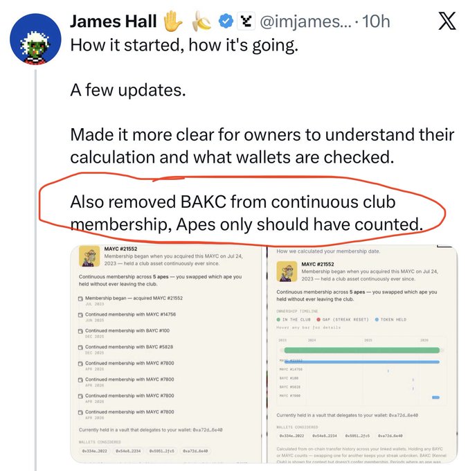 The image shows a tweet posted by someone named James Hall that says "UPDATE: BAKC still do not constitute club membership to BAYC updated the BAYC membership page and stated that BAKC should have never counted for club membership Only BAYC/MAYC, as it should be But still, I'm curious to see if there will be benefits for BAKC in the future". It's an update related to a BAKC member who is trying to explain why they are being barred from joining a certain club. The tweet suggests that BAKC has been removed from their membership list, and Hall is seeking clarification on whether it was the correct decision or if there will be any benefits in the future for BAKC as a result of this decision.