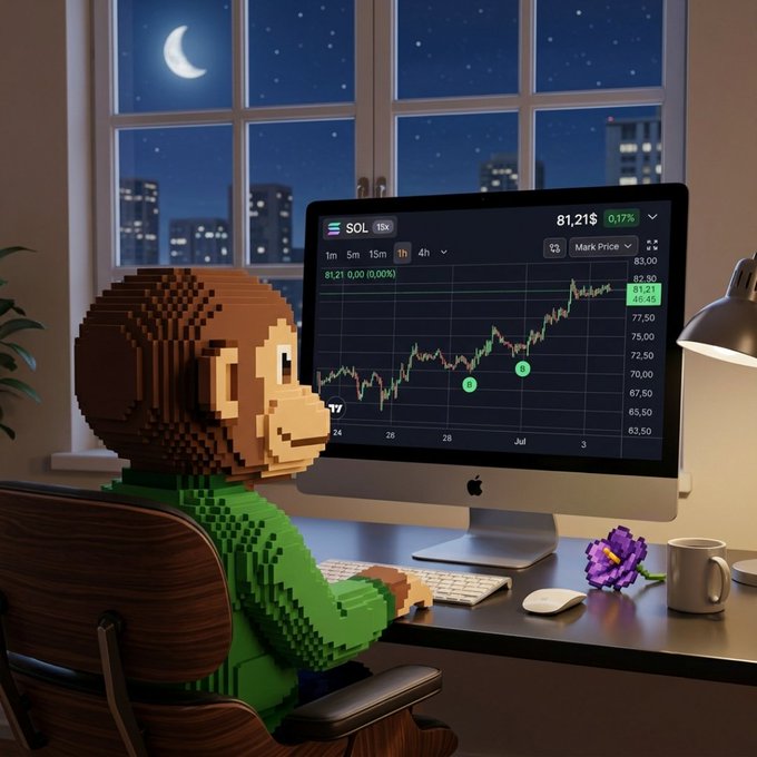 A 3D-rendered pixel art monkey character in a green sweater sitting at a desk, looking at a computer monitor displaying a SOL trading chart at 81.21$, with a nighttime city view through the window.