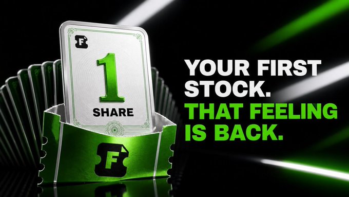 This advertisement features a stylized "1 SHARE" card emerging from a green ticket, illustrating Robinhood's return to fractional or "on-chain" stock ownership. The text "YOUR FIRST STOCK. THAT FEELING IS BACK." reinforces the brand's mission to make investing accessible again.