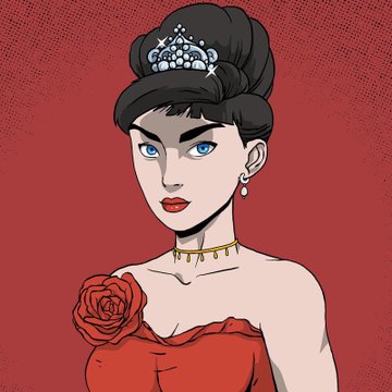 A stylized digital illustration of a woman with black hair in an updo, wearing a tiara, drop earrings, and a red dress with a rose detail against a red background.