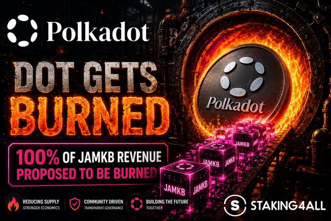The image is a promotional graphic featuring the Polkadot logo and bold text announcing "DOT GETS BURNED," highlighting a proposal to burn 100% of JAMKB revenue in order to reduce supply and strengthen token economics. It also showcases JAMKB cubes flowing through a fiery industrial furnace, with branding from "Staking4All" at the bottom.