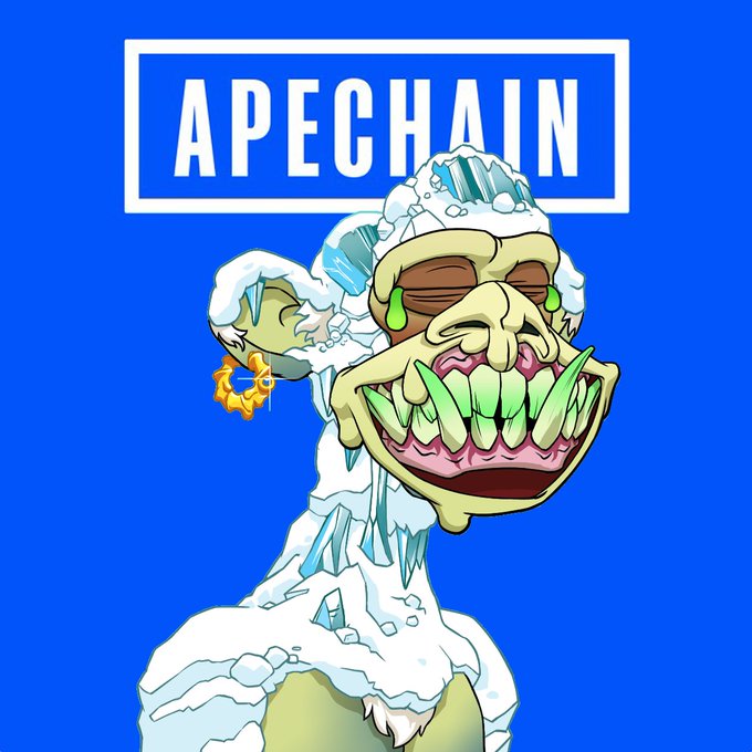 The image features a cartoon monkey with a face painted white, wearing sunglasses and holding an ice cream cone. The background of the image is blue, which contrasts with the white monkey's face. There are also some text elements present in the image, including "Apechain" written above the monkey's head and "GM friends! Back at it!" below the monkey's feet.