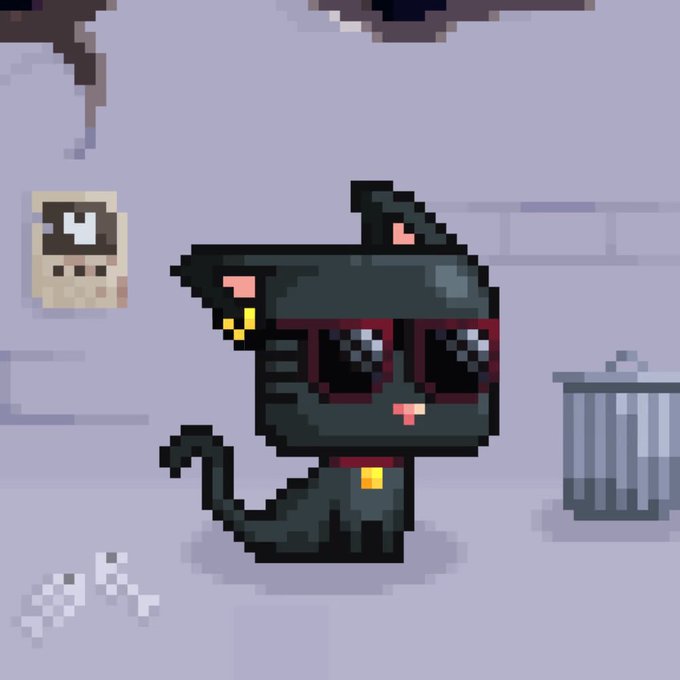 A pixel art illustration of a black cat wearing red sunglasses, a red collar with a yellow bell, and a gold earring, standing in a stylized room with a framed cat picture and a trash can.