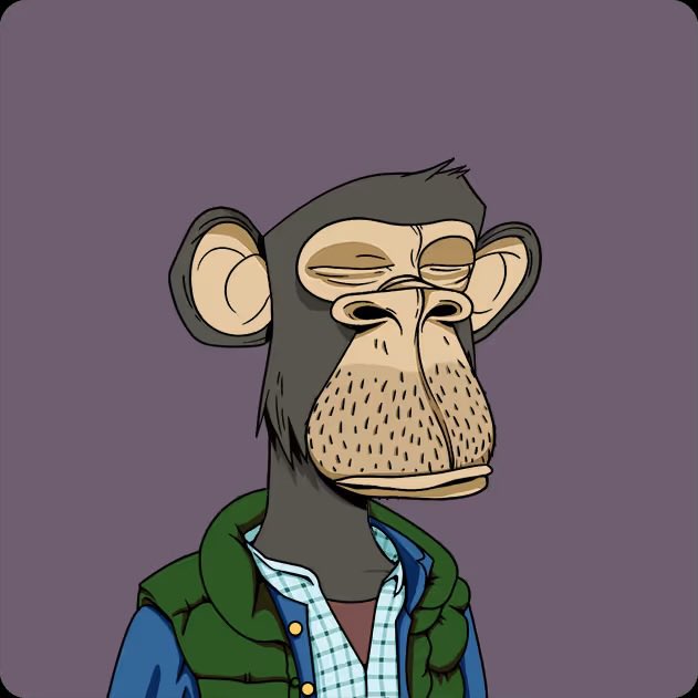 A cartoon-style illustration of a Bored Ape Yacht Club NFT character, featuring a weary-looking ape with half-closed eyes and stubble, wearing a green vest over a checkered shirt and blue jacket, set against a muted purple background. The image aligns with the post as a personal creative attempt at the Bored Ape NFT aesthetic.