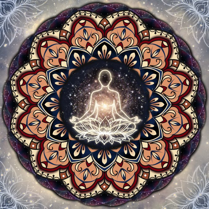 A symmetrical mandala design featuring a glowing, starry silhouette of a person in a lotus meditation pose at its center, surrounded by ornate patterns and a cosmic background.