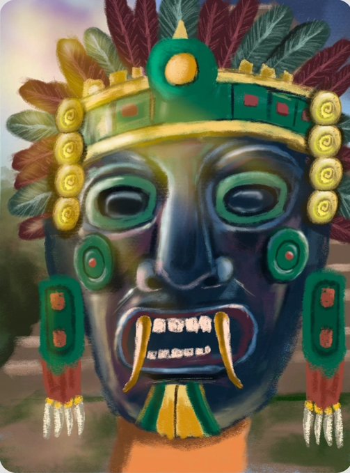 A colorful digital painting of a tribal or Mayan-style mask with green, gold, and red details, featuring large fangs, feathered headdress, and ear ornaments.