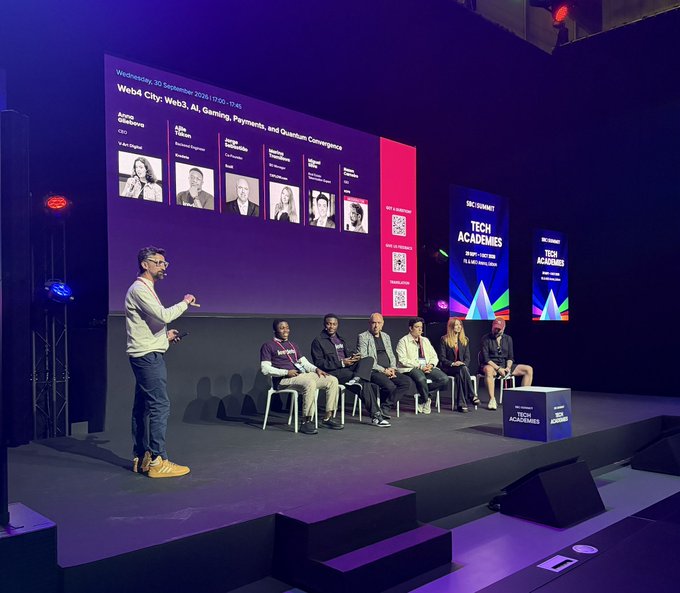 A tech conference panel session labeled 'Web3 City: Web3, AI, Gaming, Payments, and Quantum Convergence' at Web3SEA30 with multiple speakers seated on stage.