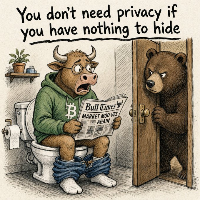 A cartoon illustration depicting a bull wearing a Bitcoin hoodie sitting on a toilet reading the 'Bull Times' newspaper, while a bear peers through the bathroom door, with text reading 'You don't need privacy if you have nothing to hide'.