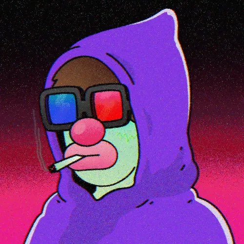 A stylized cartoon illustration of a hooded figure wearing purple robes and red/blue 3D glasses while smoking a cigarette, set against a pink and black gradient background.
