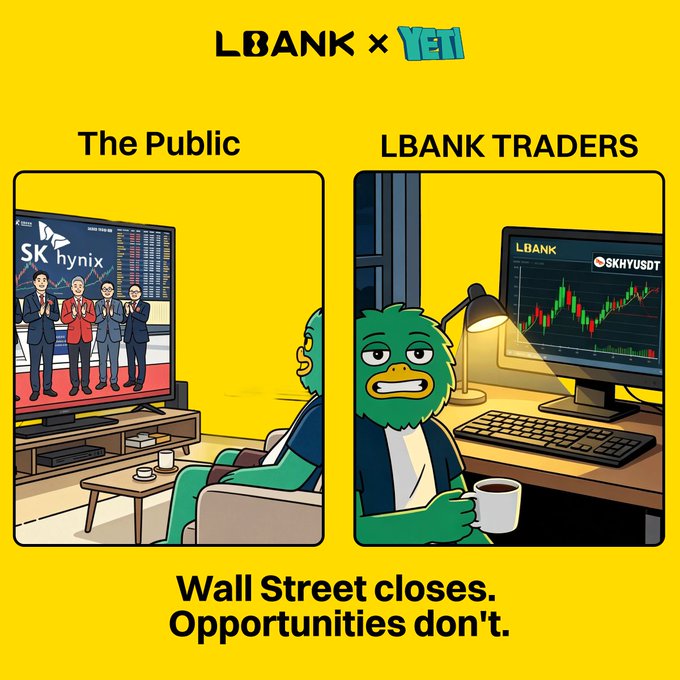A yellow LBank x YETI promotional image contrasts two panels: on the left, "The Public" watches SK hynix news on TV, while on the right, "LBANK TRADERS" work at computers showing SKHYUSDT charts, with the caption "Wall Street closes. Opportunities don't." — illustrating the post's message that traders can continue trading tokenized stocks like $SKHY on LBank even after traditional market hours close.