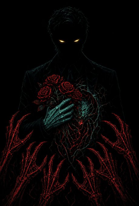A dark, ominous digital artwork depicts a shadowy figure in a suit with glowing yellow eyes, holding a bouquet of red roses with skeletal, claw-like hands against a black background.