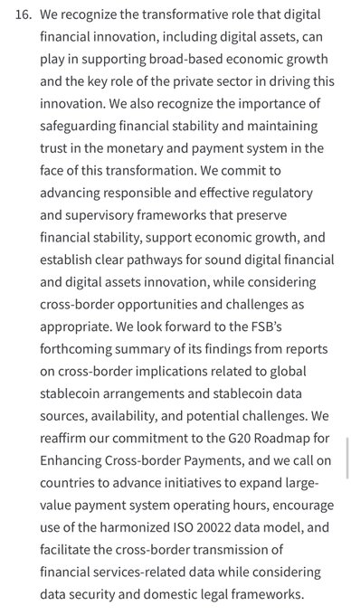 The image shows paragraph 16 from the G20 Chair's Statement, which explicitly recognizes the "transformative role that digital financial innovation, including digital assets, can play in supporting broad-based economic growth" while also committing to "responsible and effective regulatory and supervisory frameworks" and addressing "cross-border implications related to global stablecoin arrangements and stablecoin data sources." This directly corresponds to the accompanying post highlighting the notable mention of digital assets by U.S. Treasury Secretary Scott Bessent and other G20 finance ministers and central bank governors in today's statement.