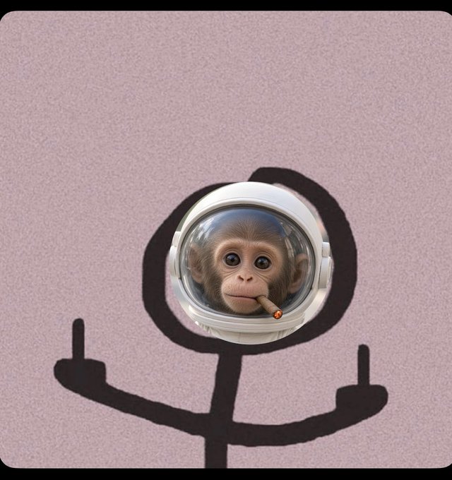 A surreal digital image of a monkey's face inside an astronaut helmet positioned on a stick-figure shadow against a muted pink background, with the monkey holding a cigarette.