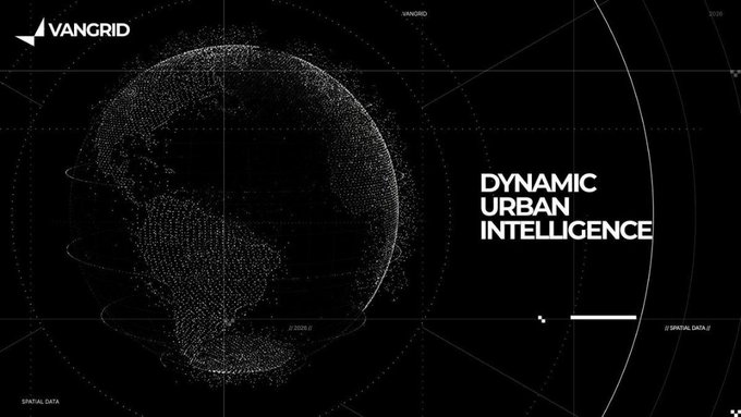 A monochrome futuristic graphic labeled “VANGRID” shows a dotted globe and the phrase “DYNAMIC URBAN INTELLIGENCE.”