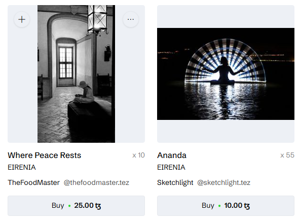 A digital marketplace screenshot displaying two NFT photography collections, 'Where Peace Rests' by TheFoodMaster and 'Ananda' by Sketchlight, available for purchase with Tez.