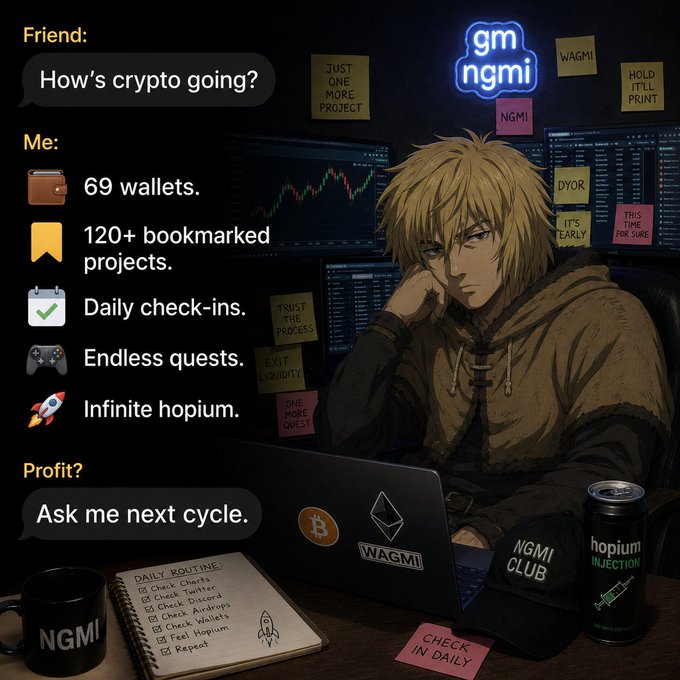 A crypto meme featuring an anime-style character in a hoodie with a laptop, surrounded by sticky notes reading 'WAGMI', 'NGMI', 'HOLD IT'LL PRINT', 'DYOR', and a text conversation about crypto wallets, daily check-ins, and 'Infinite hopium' with the punchline 'Profit? Ask me next cycle.'