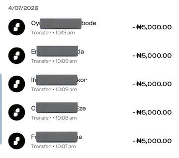 A bank transaction screenshot dated 4/07/2026 showing five separate transfers of ₦5,000.00 each (totaling ₦25,000) sent to different recipients between 10:07–10:13 am, which serves as proof of the breakfast ("Brekkie") payments the poster mentions sending to 10 people via Spenda.