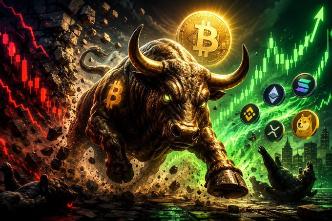 A massive, charging bronze bull with glowing green eyes dominates the scene, crashing through a crumbling wall as a golden Bitcoin (₿) coin glows above its head, surrounded by red bearish charts on the left and green bullish candlestick charts with an upward arrow on the right. Various crypto logos (including Bitcoin, Ethereum, BNB, Dogecoin, and XRP) float near a defeated bear figure on the ground, perfectly capturing the "Bull" market sentiment as the unstoppable bull crushes bearish resistance.