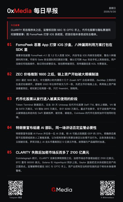 A Chinese news report from OxMedia dated 2026/9/20 covering crypto news including FomoPeek malicious App on iOS, ZEC price surge, and Token Terminal data.