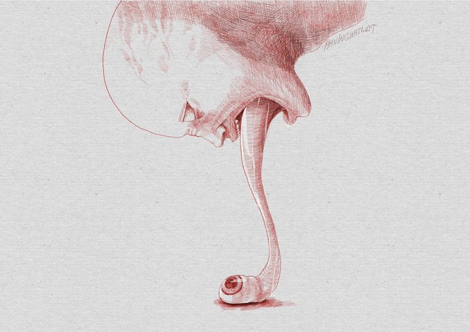 A detailed pen and ink drawing of a melting light bulb, where the dripping bulb filament forms the shape of a curled, sleeping figure, signed 'PRANAVSWAROOP'.