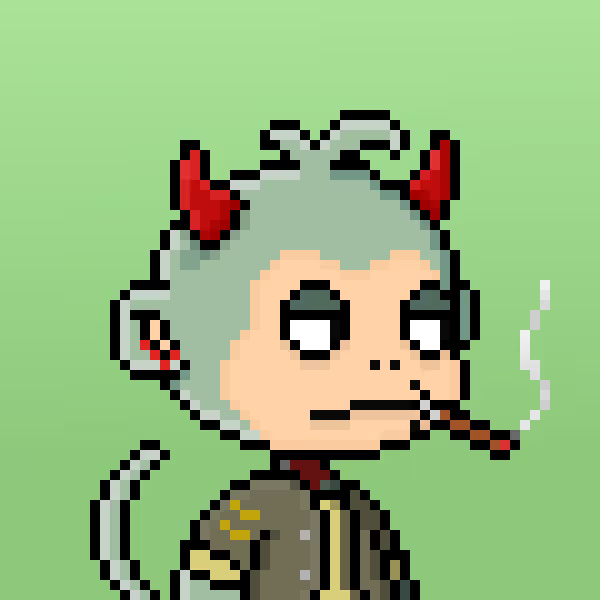 Pixel art illustration of a character with light green hair, red horns, and a cigarette in their mouth against a green background.