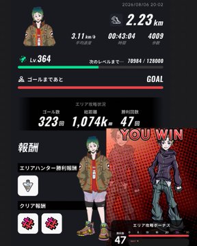 A Japanese fitness app game summary screen showing a 2.23 km run completed in 06:43:04 with 4009 steps, awarding a 'Crystal' item and showing character stats, dated 2026/08/06.