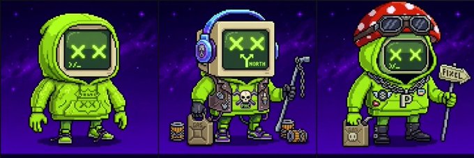 Three pixel-art green hoodie characters with TV-style heads displaying 'X X' eyes, styled as different archetypes (basic, 'NORTH' hip-hop, and mushroom-headed) against a purple starry background.