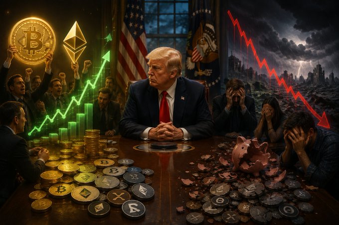 The illustration depicts Donald Trump seated at a divided table symbolizing a split crypto market—on the left, a bullish scene with rising green charts, a Bitcoin coin, an Ethereum logo, and celebrating investors, while the right side shows a crashed piggy bank, distressed people, a red downward-trending line, and a stormy destroyed cityscape, visually representing the post's concern that despite gains in $BTC and Ethereum, many cryptocurrency investors have suffered losses that still need to be recovered.
