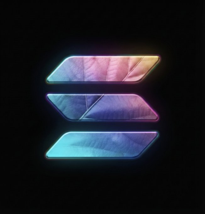 The Solana (SOL) cryptocurrency logo displayed as a glowing neon sign against a black background, with three angled bars showing leaf textures inside.