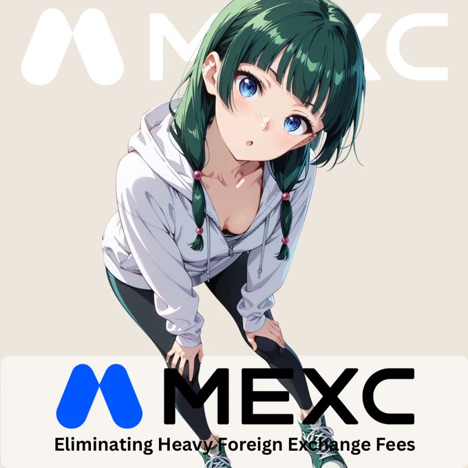 An anime-style illustration of a green-haired girl in a white hoodie leaning forward, overlaid with the "MEXC" logo and tagline "Eliminating Heavy Foreign Exchange Fees." The image visually supports the post by showing the MEXC brand as a solution to high exchange rates and transfer costs, allowing traders to use their existing USDT balance to access global stock opportunities without foreign exchange barriers.