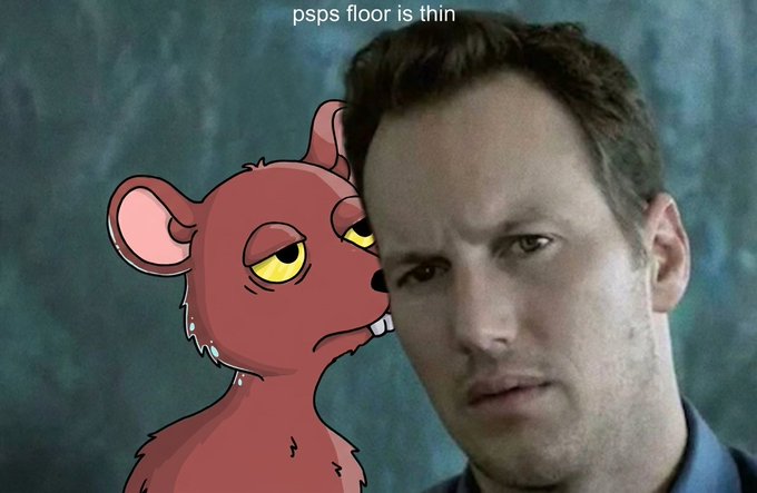 The image features a cartoon mouse with a sad expression, looking at a man who has a serious look on his face. The caption reads "psps floor is thin", which could be interpreted as an inside joke or reference to the cartoon mouse's character.