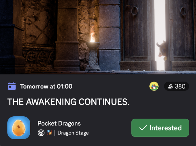 A Discord event announcement for "Pocket Dragons" on the "Dragon Stage" scheduled for tomorrow at 01:00, titled "THE AWAKENING CONTINUES," shows 380 sign-ups (represented by a plus symbol) in a dimly lit stone hall scene with a burning torch and silhouetted figure at the door, marking the rapid sign-up growth mentioned in the post from 330 to 380+ in just one week.