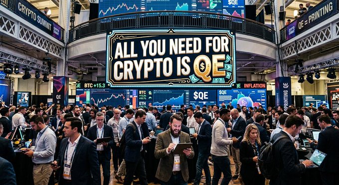 A bustling Crypto Summit convention hall with attendees, large displays showing BTC and ETH charts, and a prominent sign reading 'ALL YOU NEED FOR CRYPTO IS QE' alongside references to 'DE = PRINTING'.