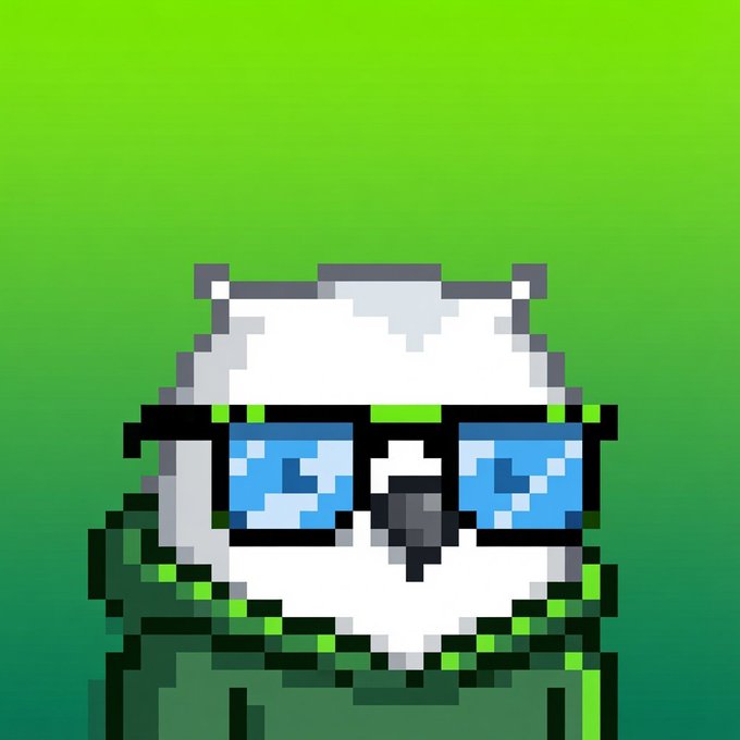 A pixel-art owl wearing oversized blue sunglasses and a green hoodie appears on a green background, embodying the "wise observer" persona who watches from the sidelines while others rush to launch. The image visually reinforces the post's message about filtering out copycat projects, with the sunglasses symbolizing the discerning, detached perspective needed to spot which teams are genuinely innovating versus those just chasing hype and volume.