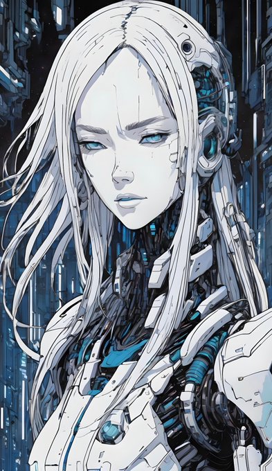 The image features a woman with long blonde hair wearing a white outfit, which appears to be inspired by a cybernetic or futuristic theme. The woman has blue eyes and looks sad as she gazes off into space. The background of the image is dark blue, providing a stark contrast to her appearance. The post that accompanies this image reads: "Still one of my favorite drops TUNED:|:SHELL TUNED by cybernetic implants SHELL preserving the spirit, humanity & soul pieces available #artbyT3H". This suggests that the artist has created a piece inspired by the concept of cyborgs or futuristic technology. The image is accompanied by a caption that provides additional context about the inspiration behind it and its connection to the post.