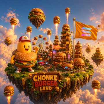 A colorful, floating “Chonke Burger Land” island features a burger‑shaped mascot, towering burger skyscrapers and a golden flag, serving as a vibrant backdrop for the $Chonke ART MEME COMPETITION with a $2500 prize.