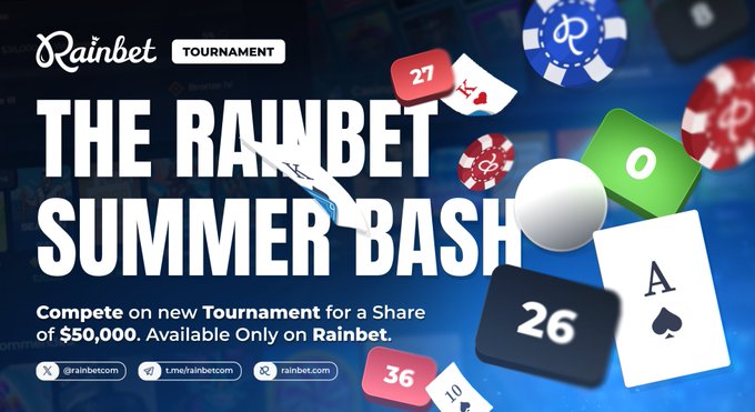 The image is a promotional banner for "The Rainbet Summer Bash" tournament, featuring the Rainbet logo and casino game graphics like playing cards, roulette, and a cue ball. It highlights a $50,000 prize pool available exclusively on Rainbet from July 15th to 18th.

Key text: "Rainbet TOURNAMENT," "THE RAINBET SUMMER BASH," "Compete on new Tournament for a Share of $50,000. Available Only on Rainbet." Social media handles: @rainbetcom, t.me/rainbetcom, rainbet.com