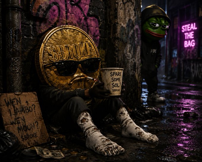 A coin-headed character named '$BROKE' wearing sunglasses sits on a wet street holding a sign asking 'SPARE SOME SOL? $BROKE' and 'WHEN BAMBO? WHEN MOGIN? $BROKE', while a green Pepe the Frog in a hoodie stands nearby with a neon 'STEAL THE BAG' sign in the background.