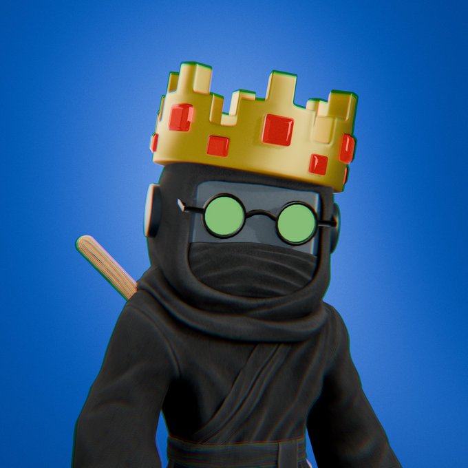 A 3D-rendered character dressed as a black ninja wearing a gold crown with red jewels and round green glasses, holding a wooden staff against a blue background.