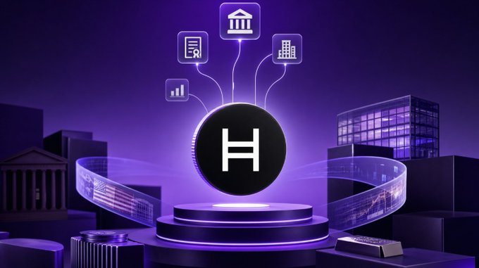 A digital graphic featuring a black coin with the 'H' Hedera logo on a purple-lit platform, surrounded by icons representing a bank, document, building, and chart against a cityscape backdrop.