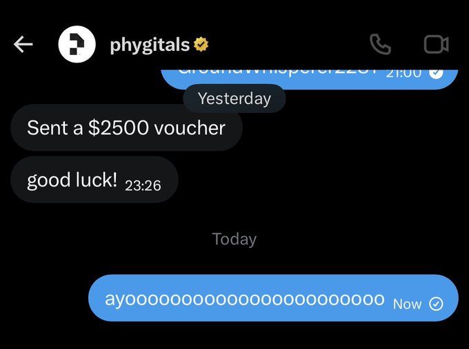 The image features a cellphone display screen showing several messages from an account holder. The account holder has sent a $2,500 voucher as a response to losing a pack of $5,000 worth of items that were sold for only a penny on eBay. Several messages have been received in return with various tones and contexts including "Good Luck!", "Great", "Yay!", "Now", and others. The main focus of the image is on these text-based messages related to the voucher sent by the account holder.
