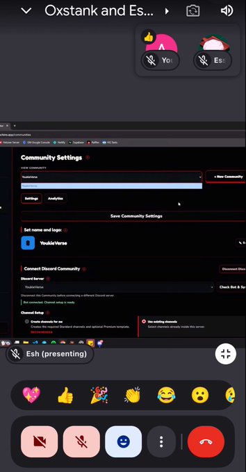 A mobile screenshot shows a Discord community settings page for 'YookieVerse' during a video call with the participant 'Esh (presenting)' and emoji reactions visible at the bottom.
