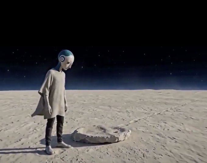 A 3D-rendered figure with a blue robotic head wearing a tan shirt standing in a desolate, moon-like landscape next to a circular stone.